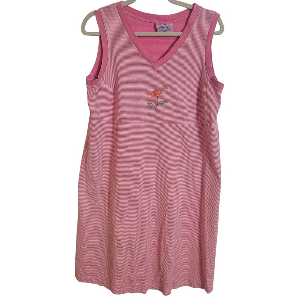 Fresh Produce Pink Striped Sleeveless V-Neck Flower Mini Dress Large Vintage USA